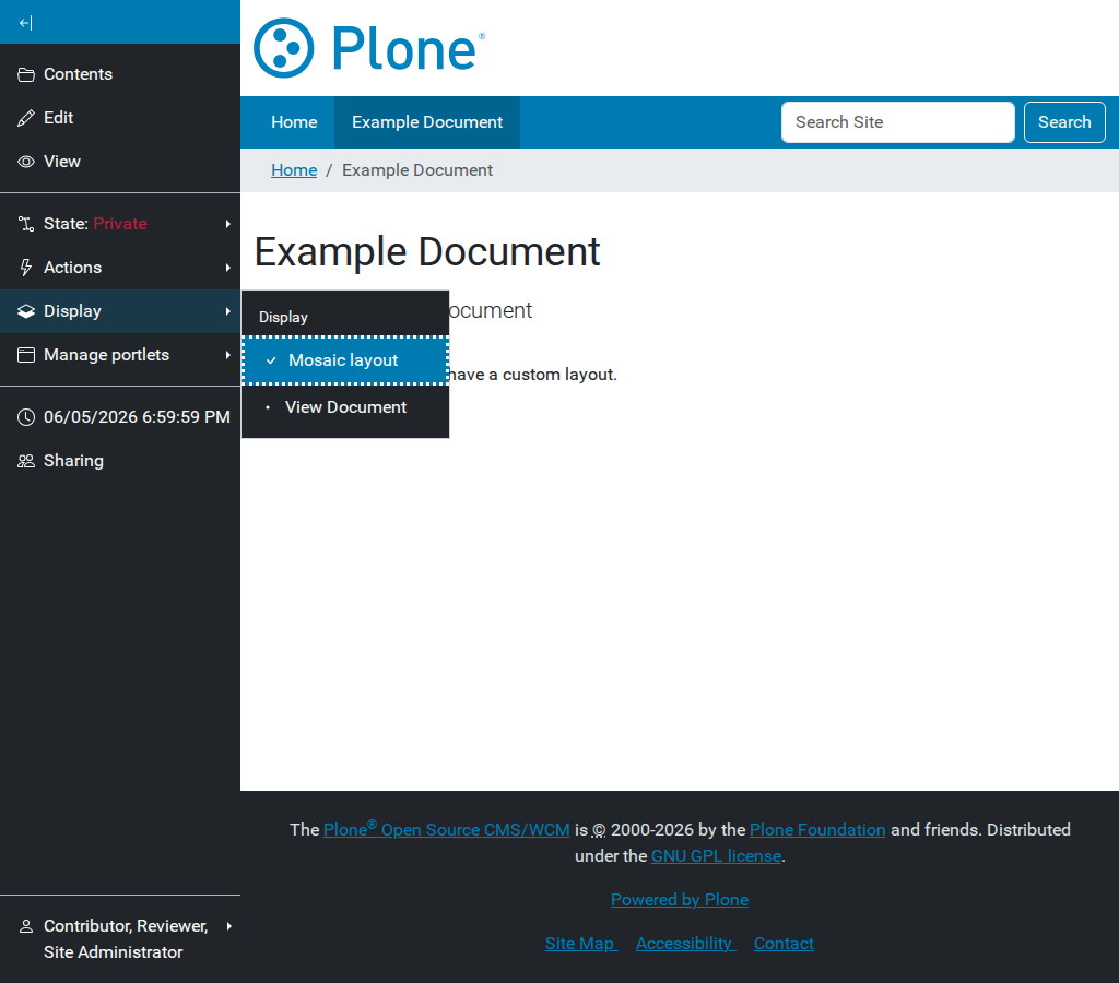 The display menu in Plone 6 showing the Mosaic layout option.