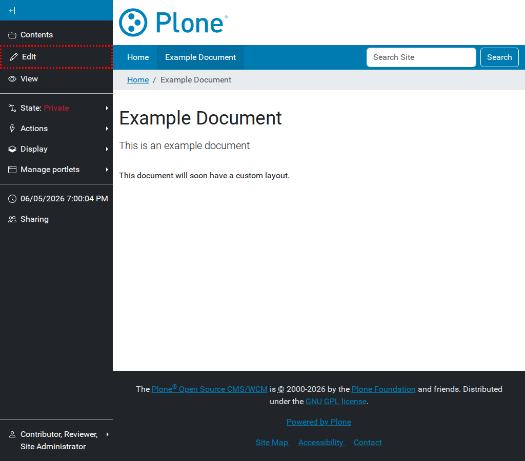 The Plone toolbar highlighting the Edit tab.